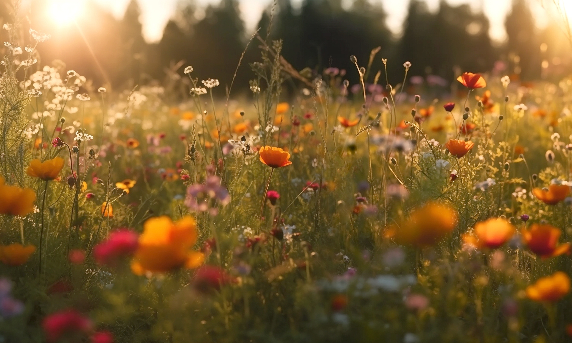 Colorful flower meadow with sunbeams and bokeh lights in summer